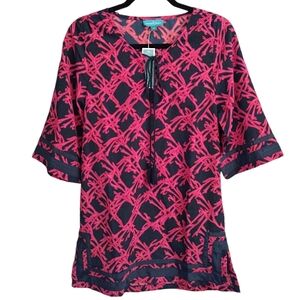 Southern Frock Coral Design Tunic Top, Size XS, Navy/Pink/Red, NWT